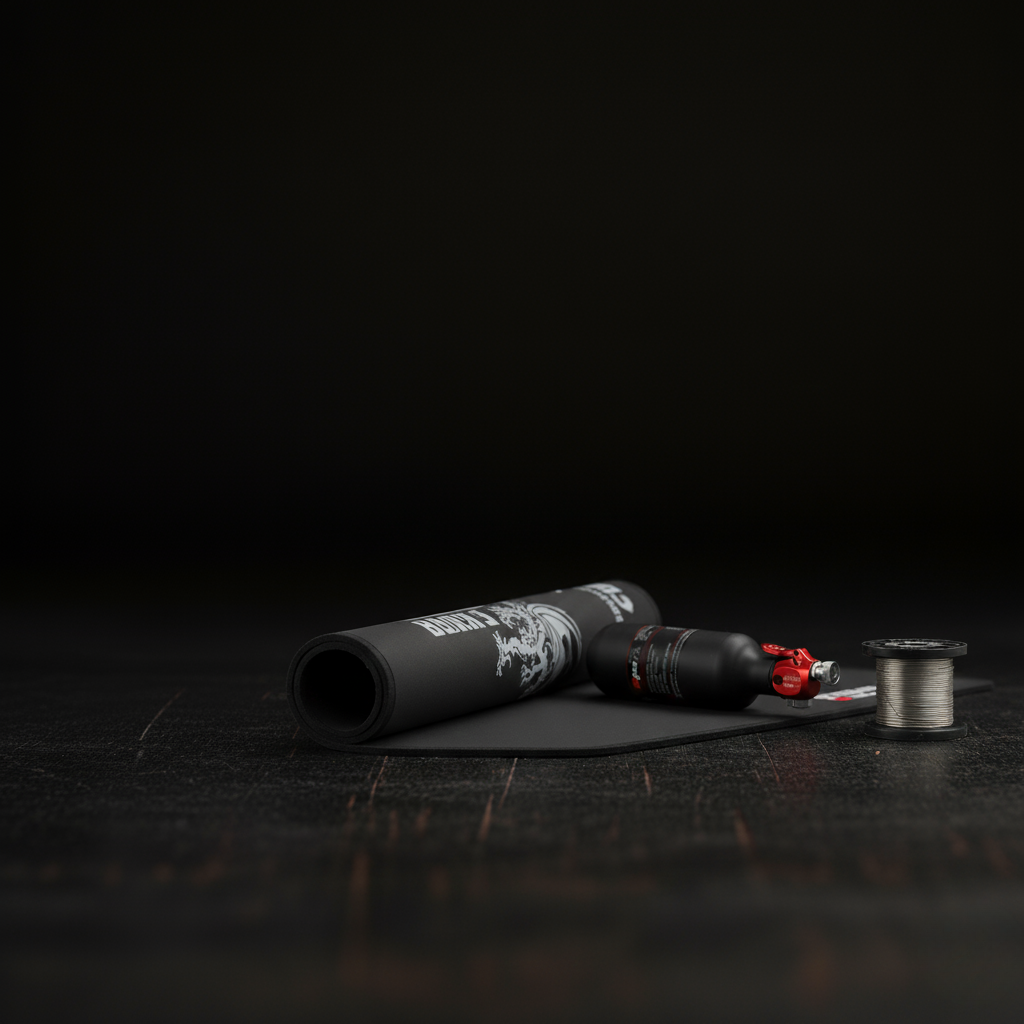 Airgun shooting accessories including EDgun pEaZy fill system, working mat and match grade wire, displayed on dark background