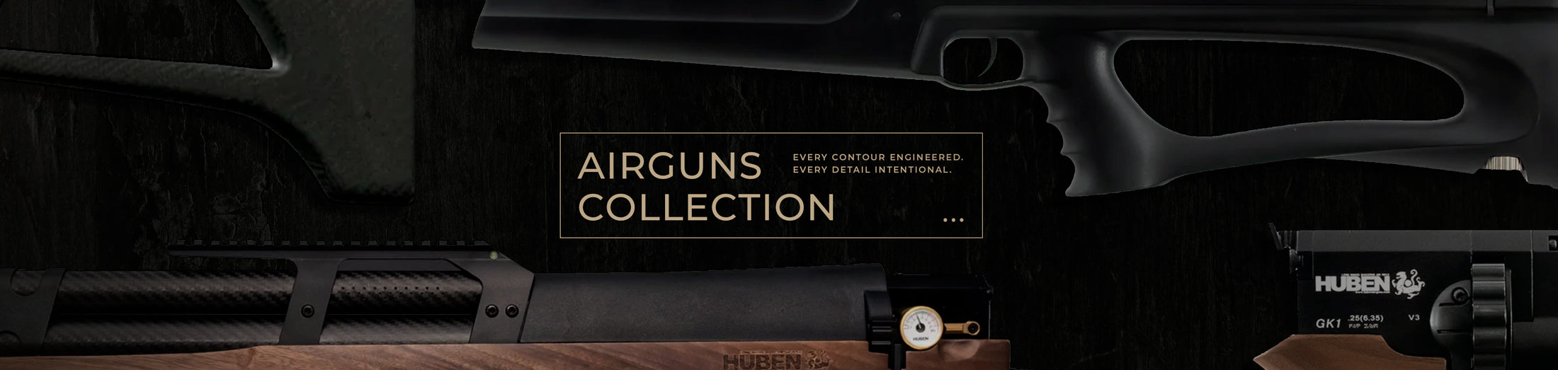 Huben PCP airguns displayed in a dark studio setting