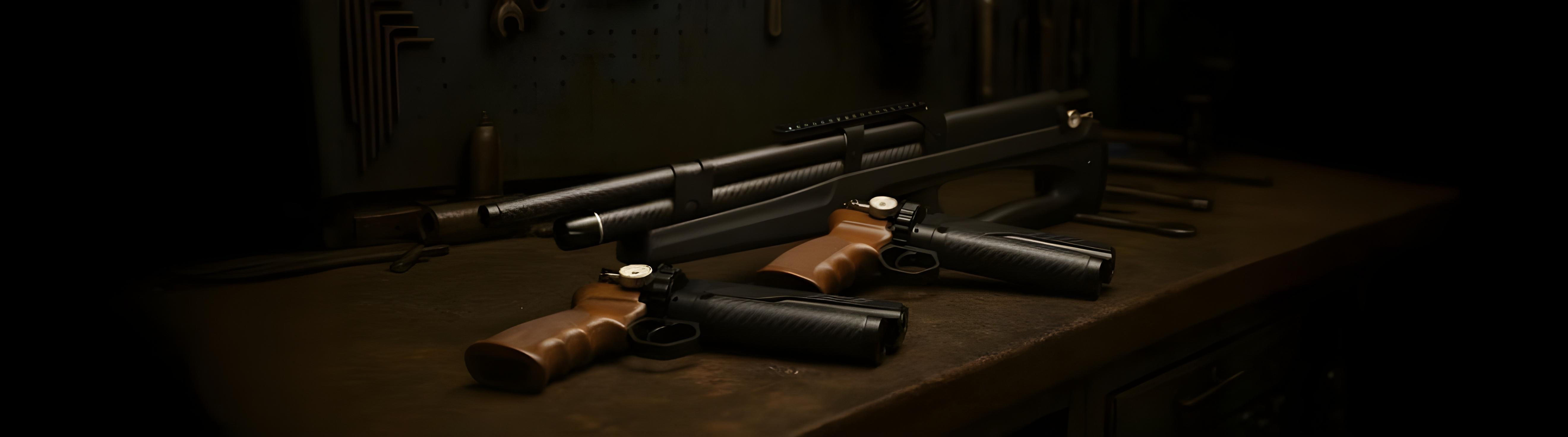 Black Huben K1 air rifle with carbon fiber barrel and two Huben airpistols (GK1 and GK1 mini) with wooden grips, displayed on a workshop bench