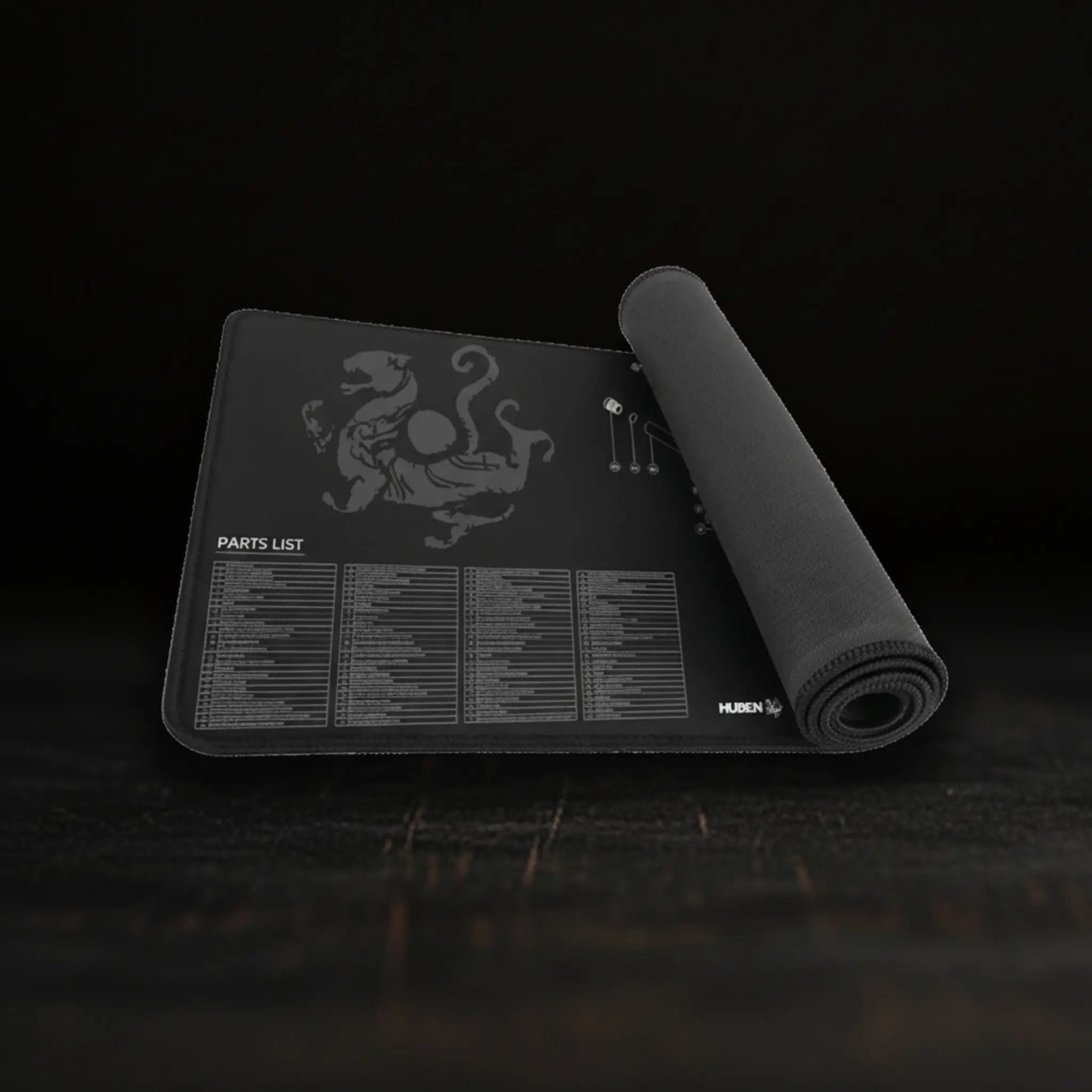 Huben GK1 working mat with dragon design and parts list