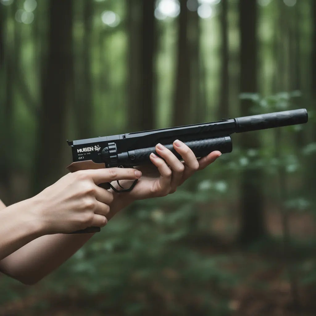 Person holding Huben GK1 air pistol with supressor in forest