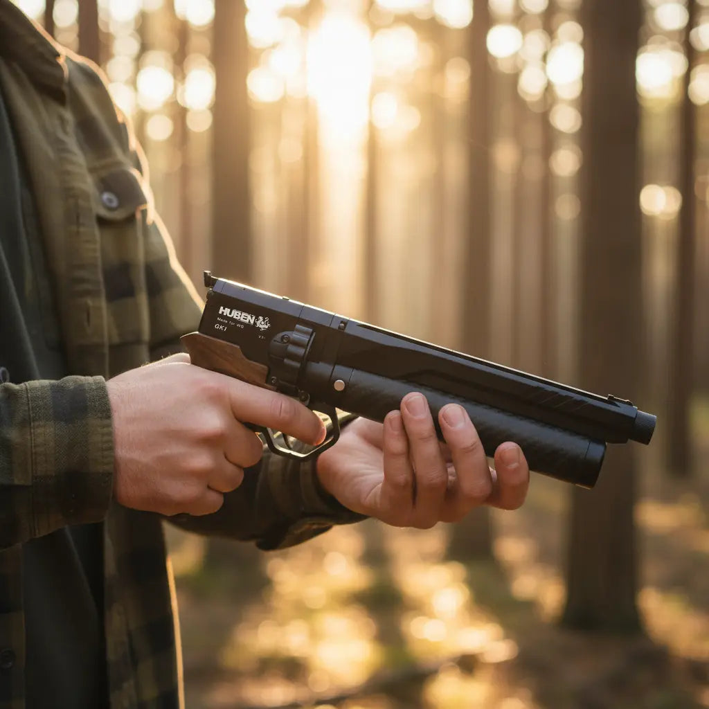 Person holding Huben GK1 air pistol with wooden grip in forest at sunset