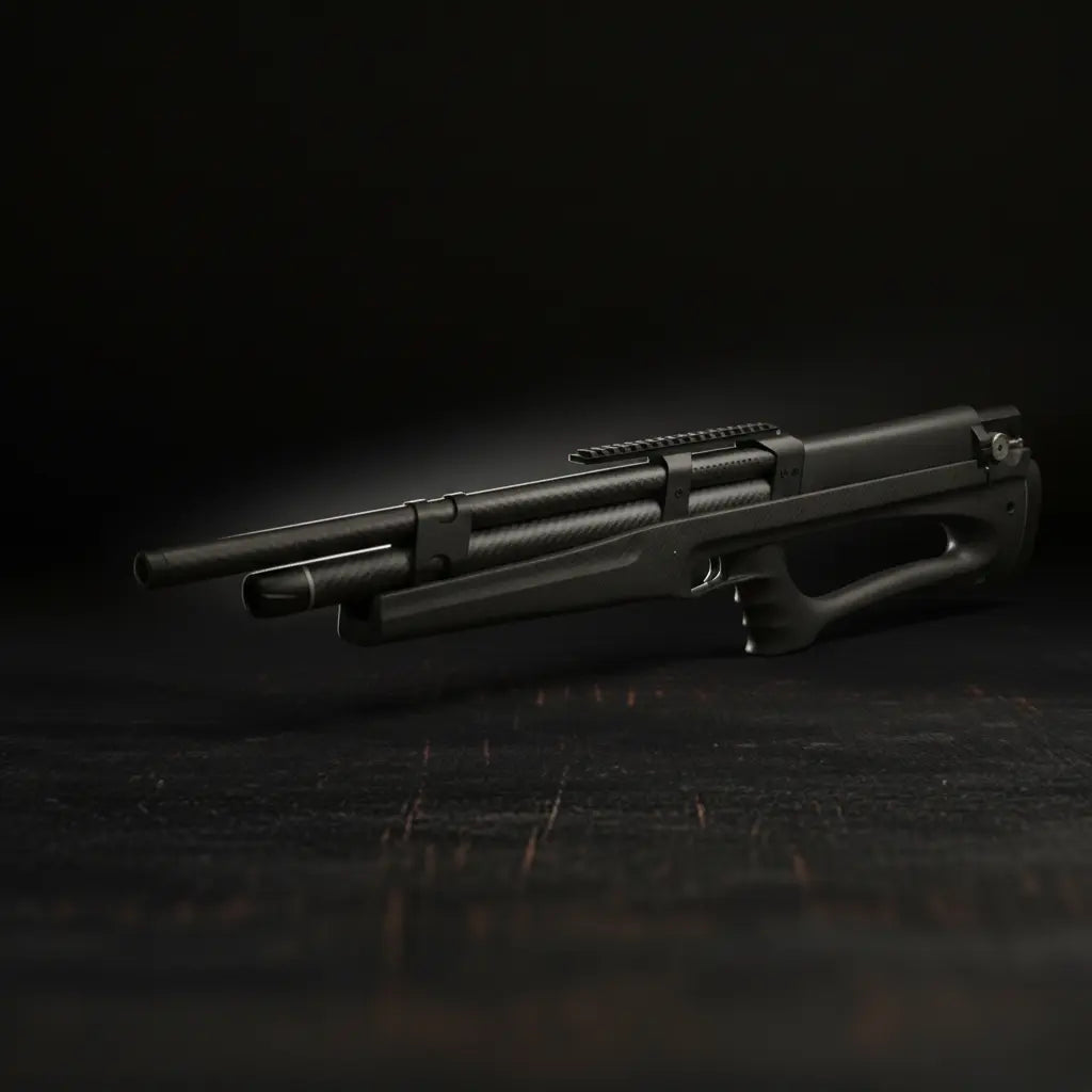 Huben K1 Wolfiek Lite PCP air rifle with wooden ergonomic grip and carbon fiber bottle, side view on dark background
