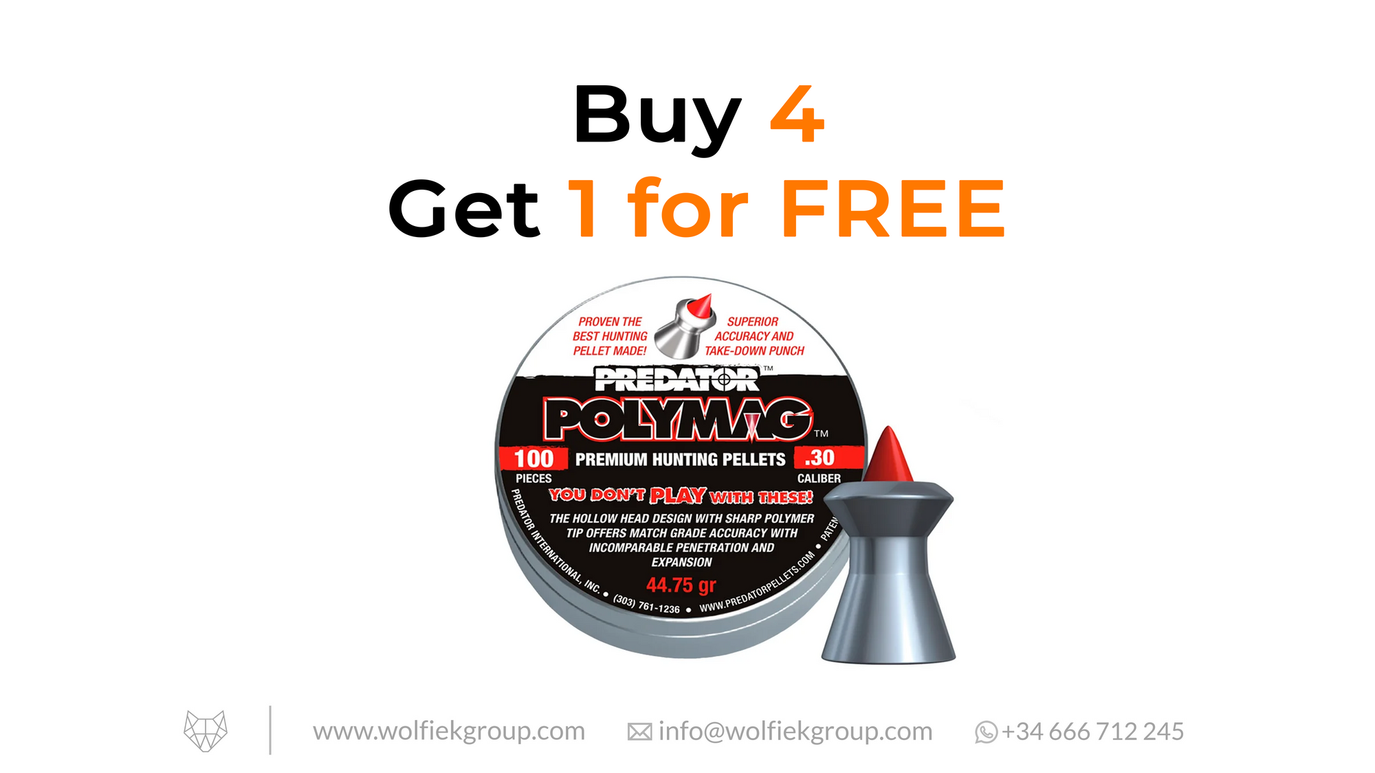 Predator Polymag Pellets  Cal .30 (7.62mm) Weight: 2.90g (44.75gr) with text buy 4 get 1 for free